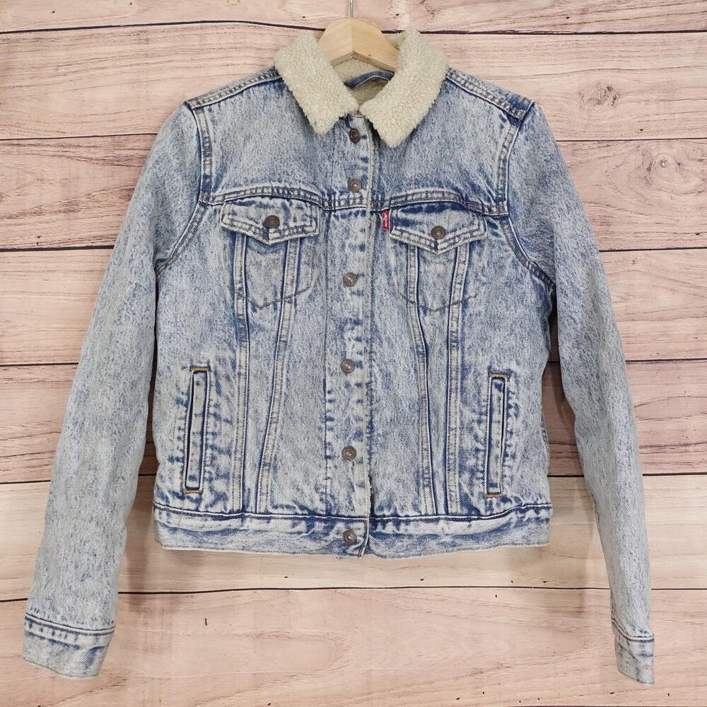 Levi's Premium Jacket Womens Medium Blue Denim Sherpa Lined Trucker Button Front